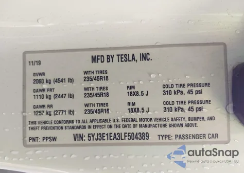 2020 Tesla Model 3 Standard Range Plus Rear-Wheel Drive/Standard Range Rear-Wheel Drive from USA, damaged, VIN 5YJ3E1EA3LF504389